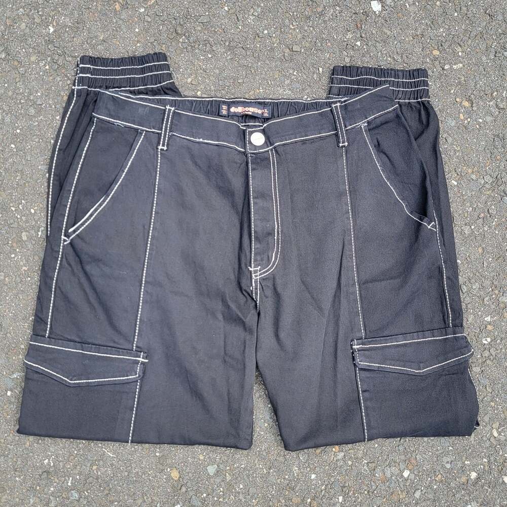 Dollhouse Black Cargo Pants with White Contrast Stitching and Elastic Cuffs